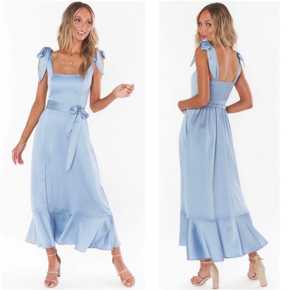 show me your mumu claire midi dress steel blue luxe satin women medium